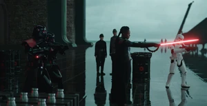 The Third Sister and Imperial Troops confronted Kenobi, Tala, and Leia in the hanger of Fortress Inquisitorius