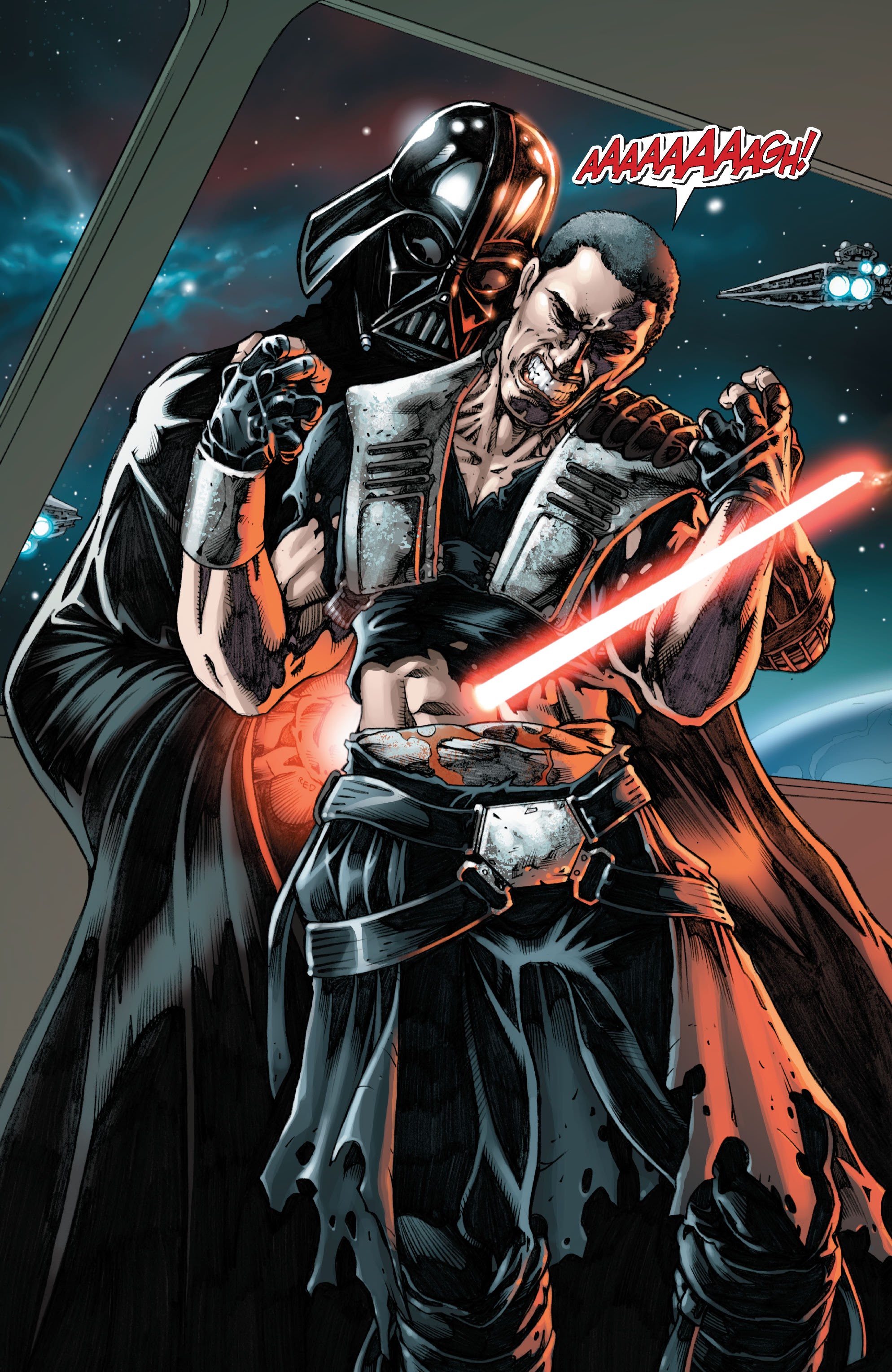 Starkiller is impaled by his Master, Darth Vader.