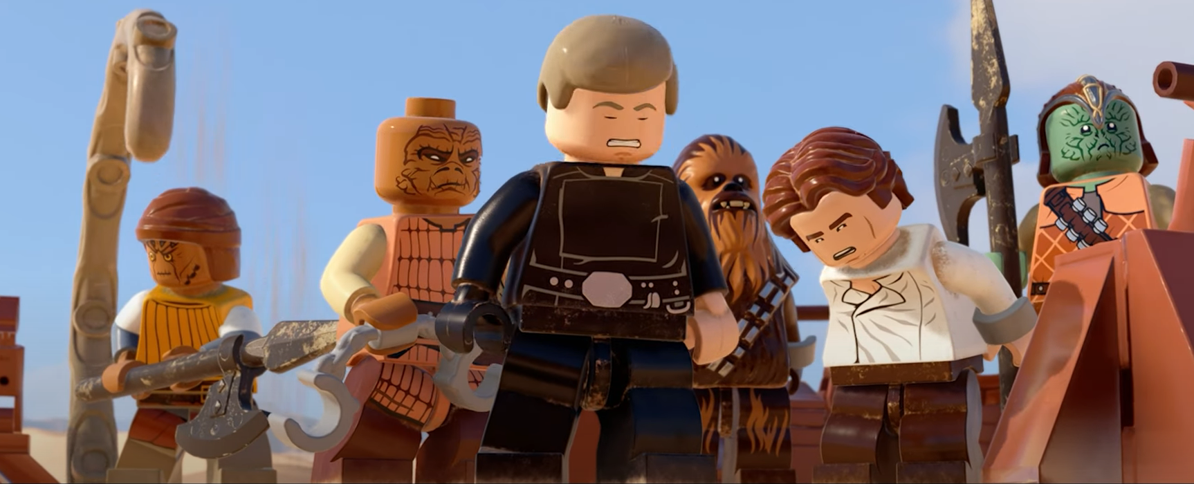 Vizam (left) is grabbed by the sarlacc in LEGO Star Wars: The Skywalker Saga.