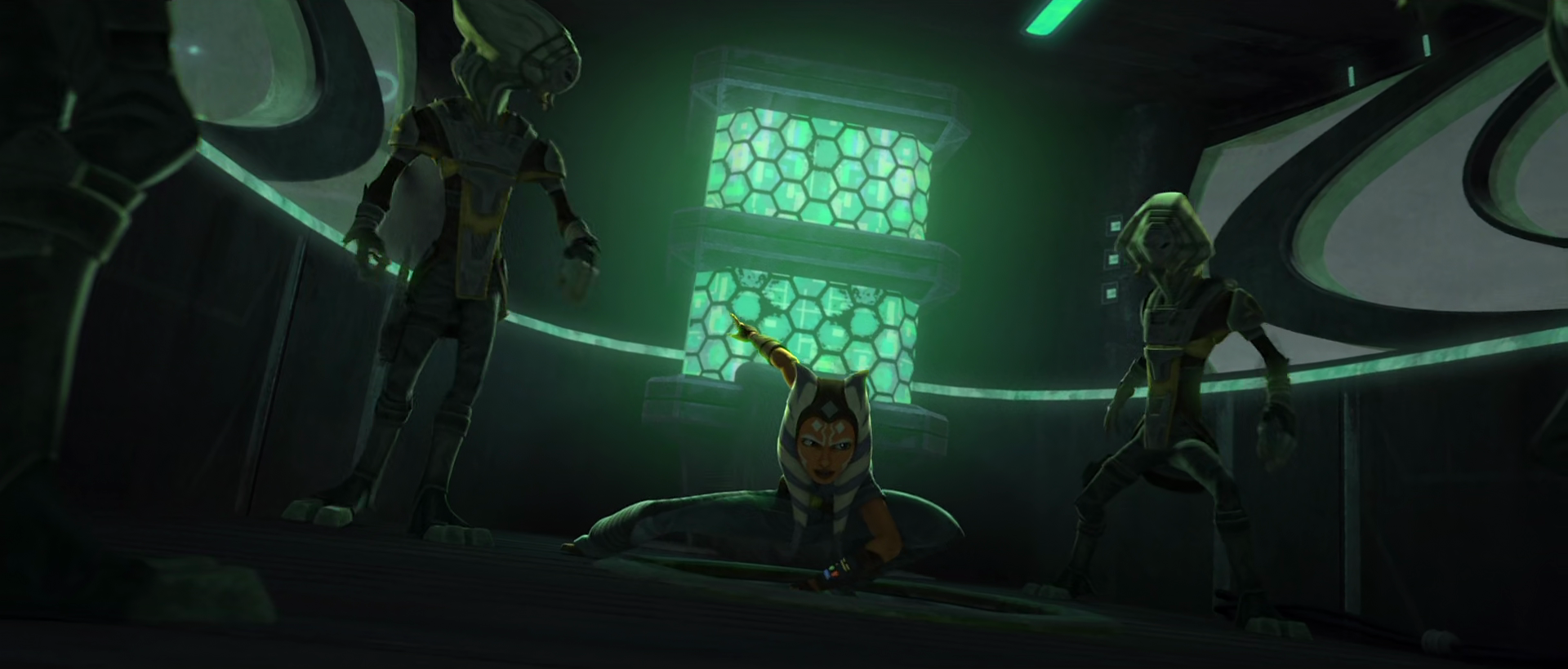 Entering into a control tower, Ahsoka Tano fought hand-to-hand with Pyke guards to ensure the Martez sisters and her could escape.