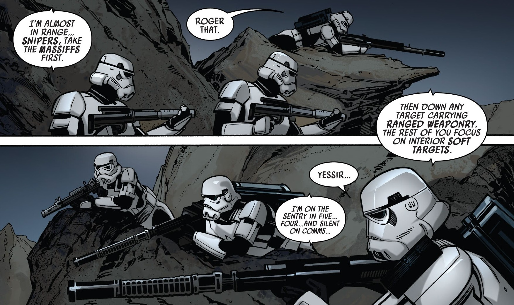 Stormtroopers of JM-909's squad take up sniping positions.