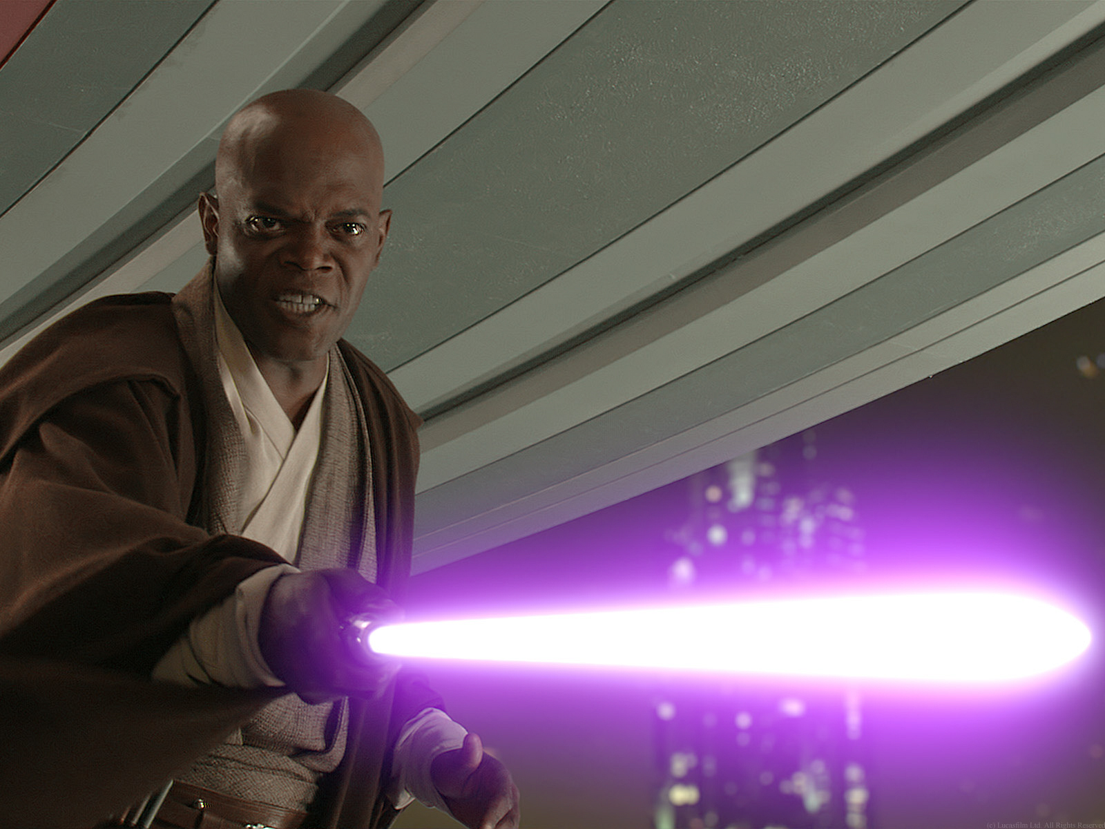 Mace Windu's lightsaber emitted a purple blade.