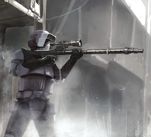 A scout trooper sniper targets enemy forces with a DLT-19x targeting blaster.