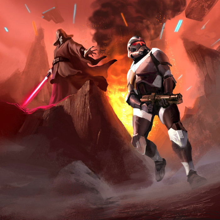 A Dark Jedi using Force corruption to control a clone shadow trooper