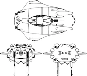 Top, front and rear profile of the Sabertooth-class assault/rescue vessel.