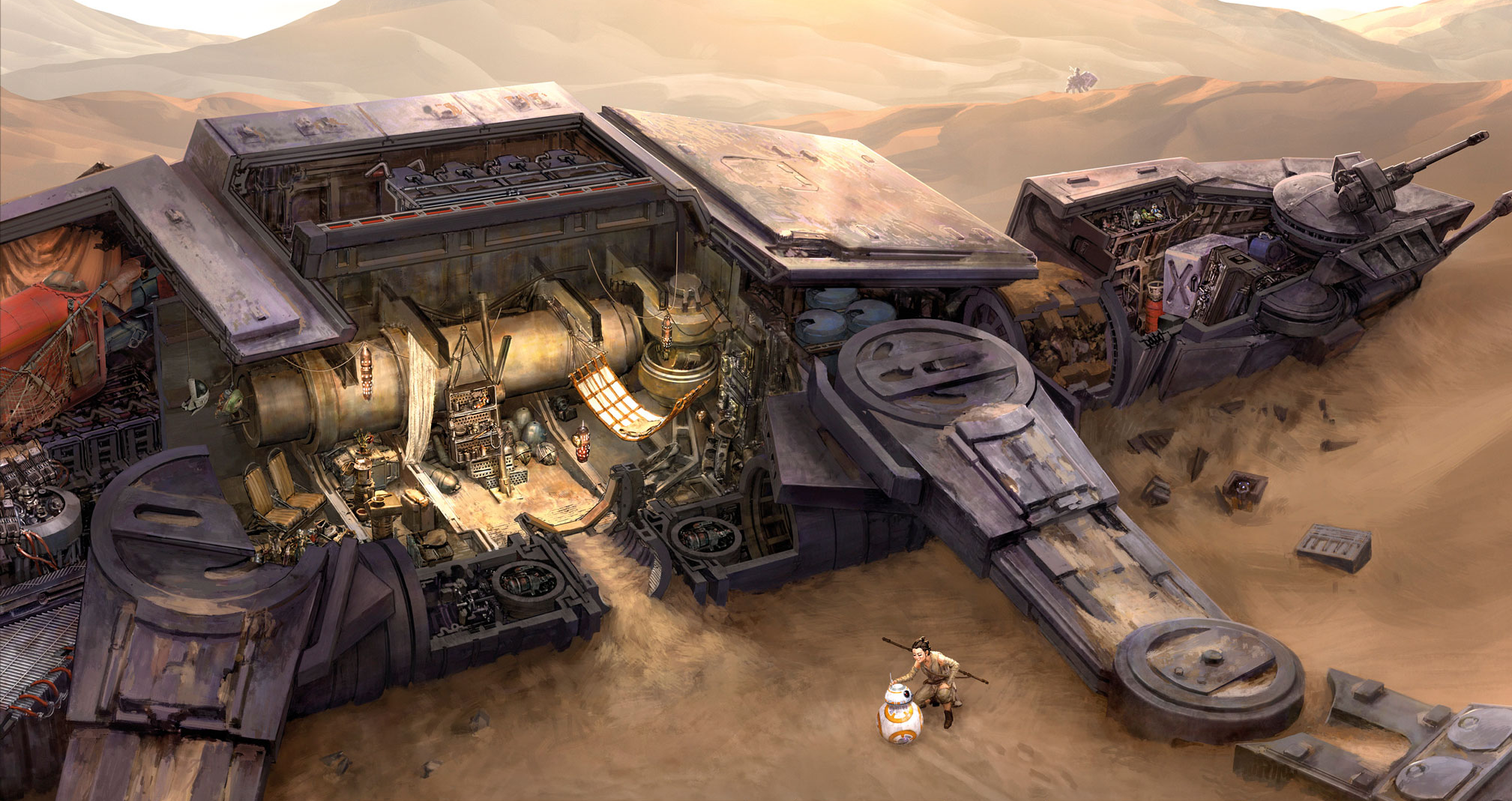 The AT-AT Hellhound Two was used in the Battle of Jakku and later turned into a residence by the scavenger Rey (a cutaway depicting both the outside and inside of Rey's home, pictured).