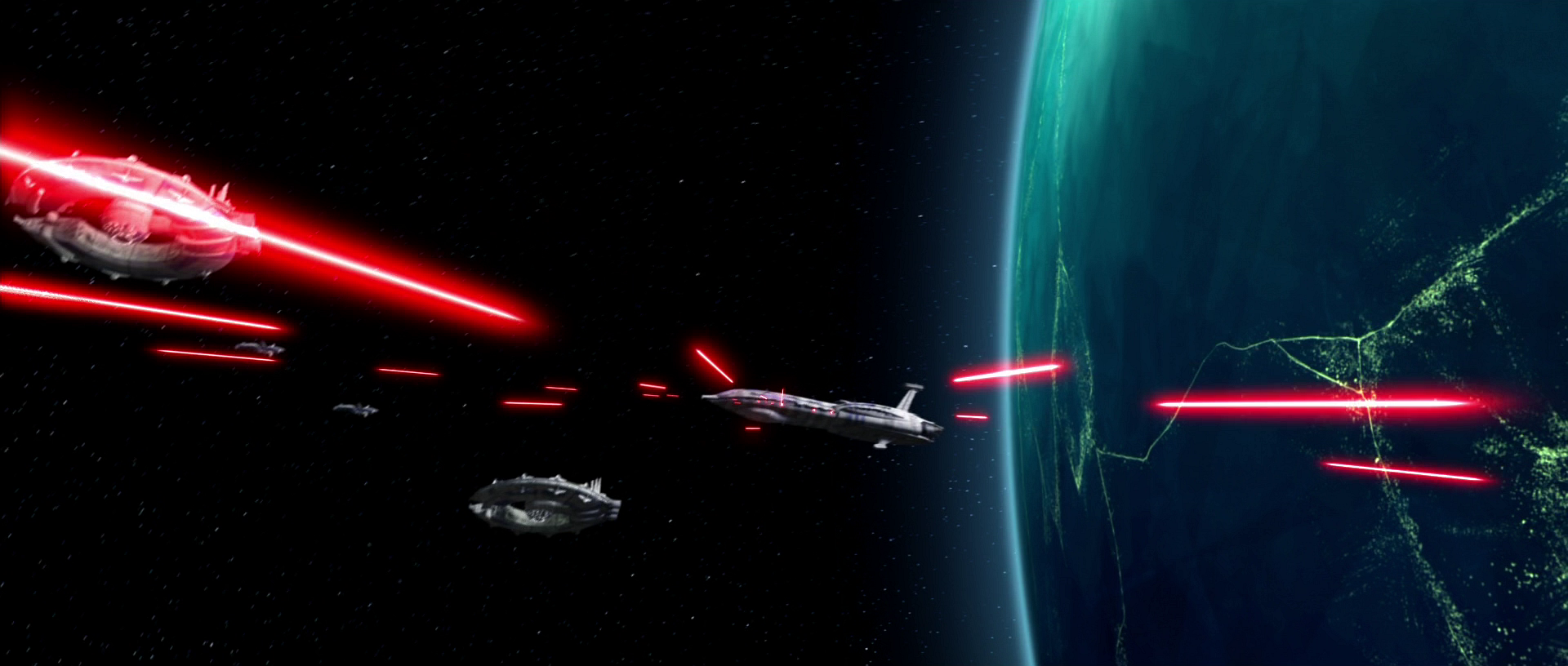 The Invincible fires a wall of lasers at the stealth ship.