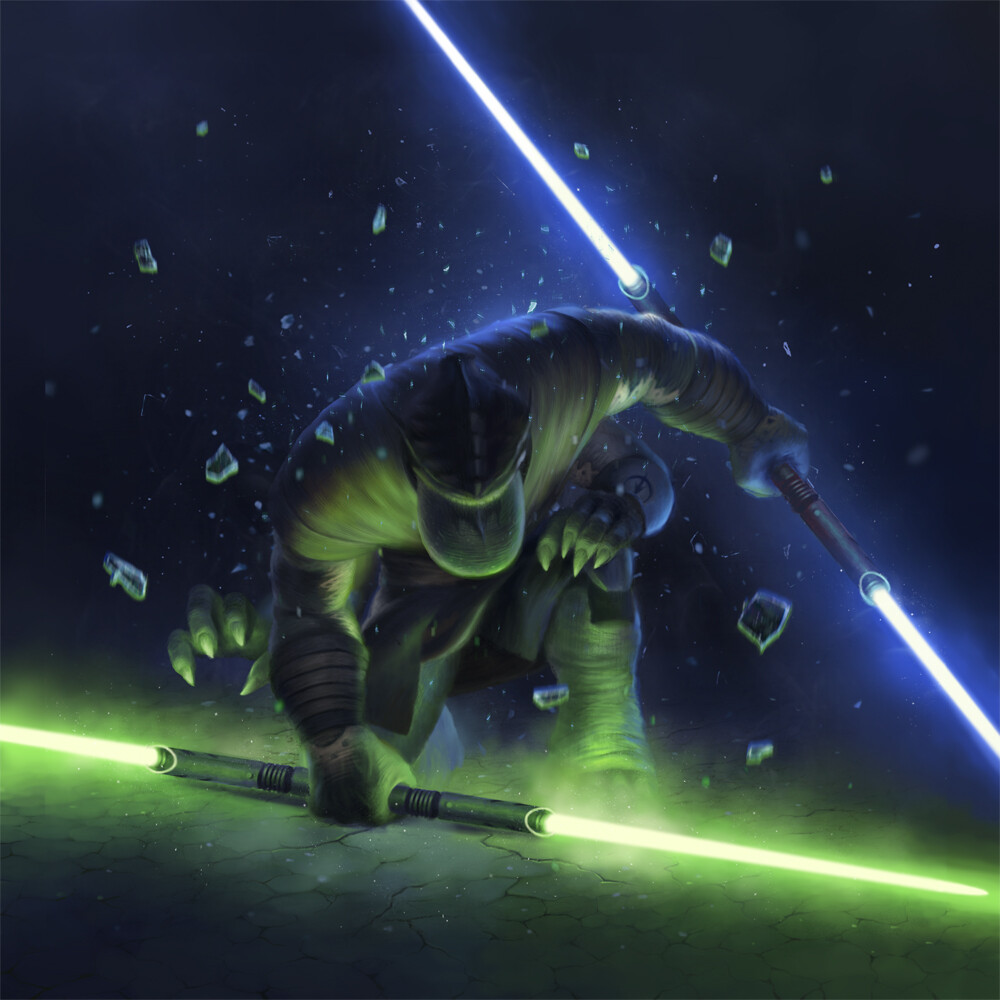 Pong Krell wielding dual hinged double-bladed lightsabers.