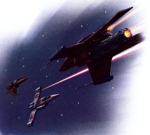 A pair of G1-M4-C Dunelizard fighters attacking a Planetary Defender starfighter.