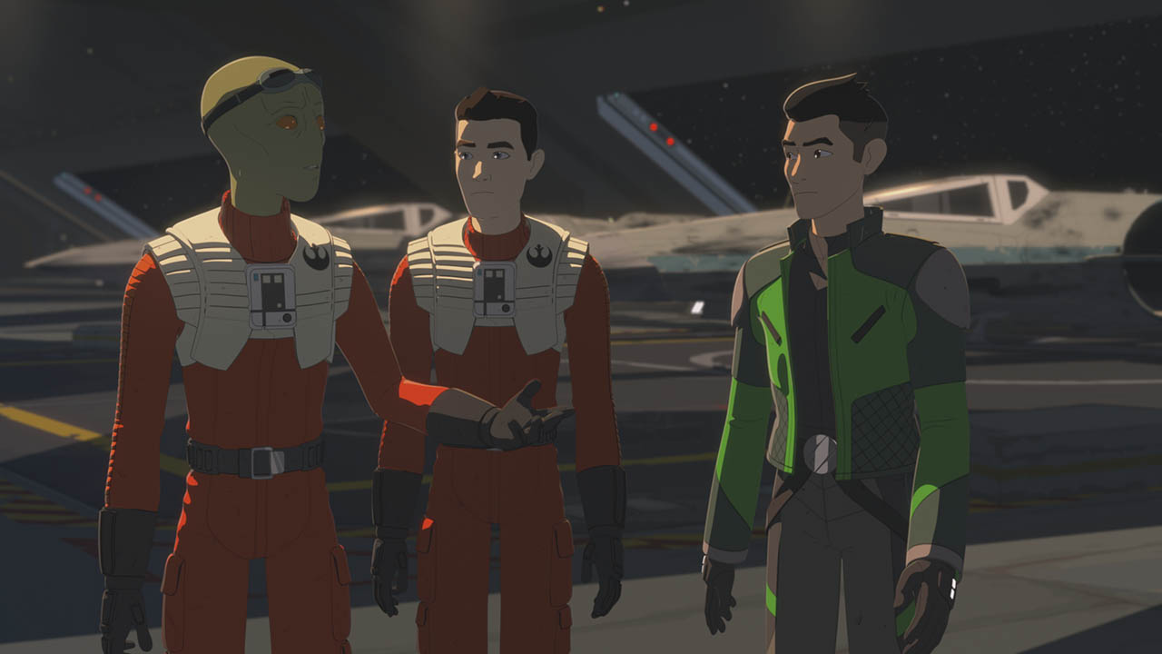 Norath Kev (left), his squadmate Hugh Sion (center), and Kazuda Xiono greeted each other aboard the Colossus.