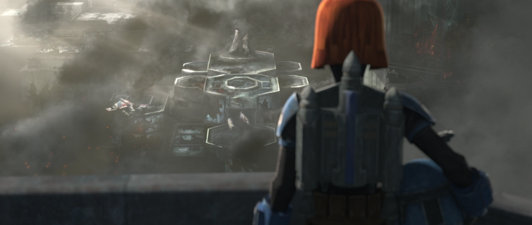 Bo-Katan looks at the destruction in Sundari.