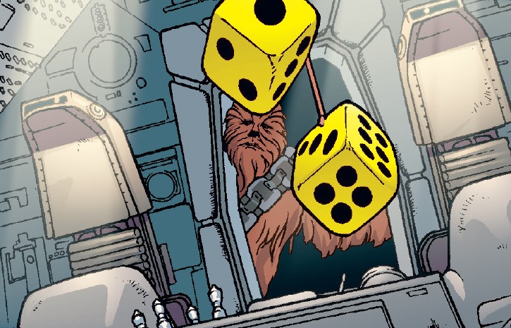 Chewbacca watches Han's dice aboard the cockpit of the Millennium Falcon