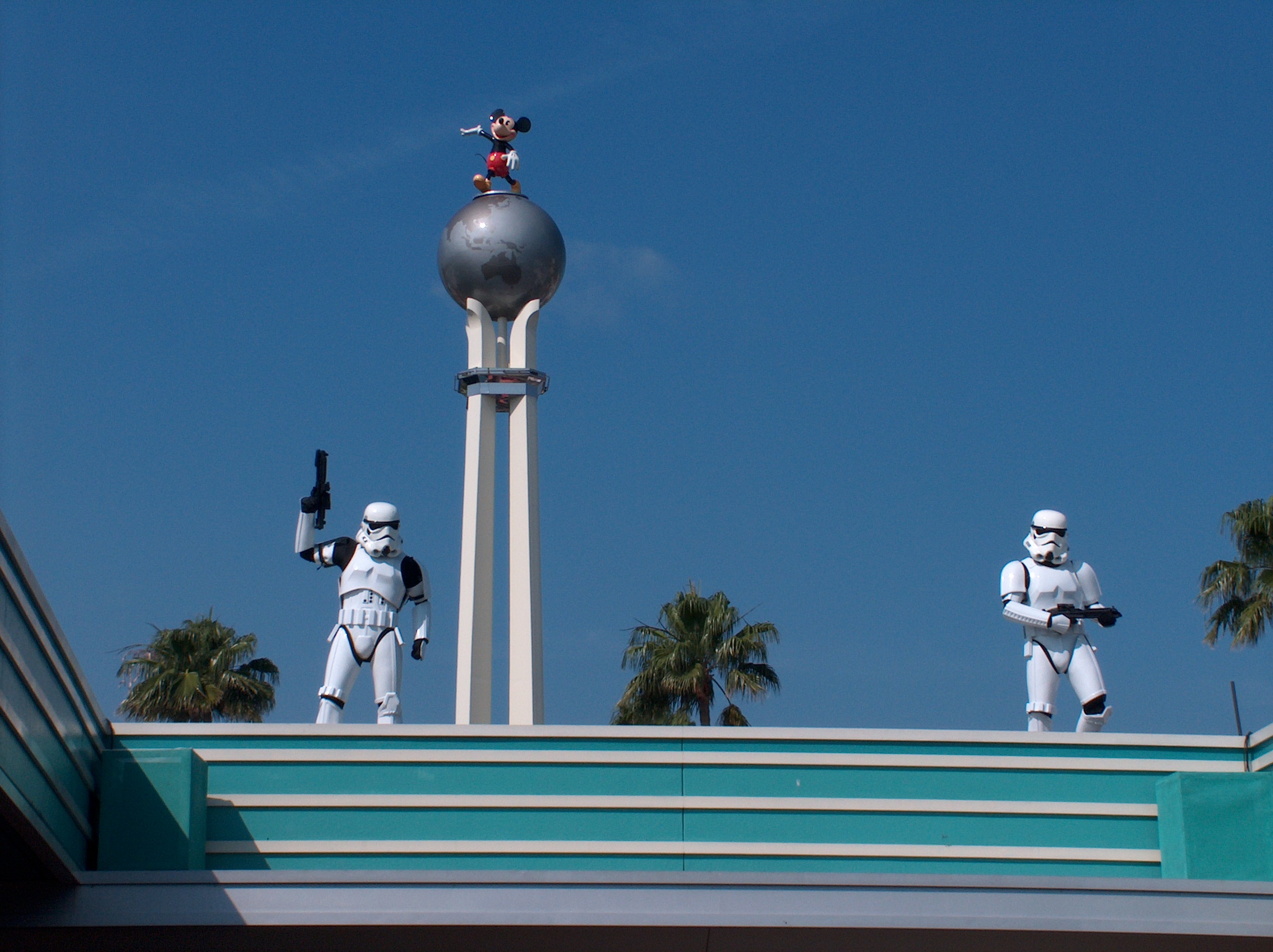 Stormtroopers watch over Disney's Hollywood Studios during Star Wars Weekends.