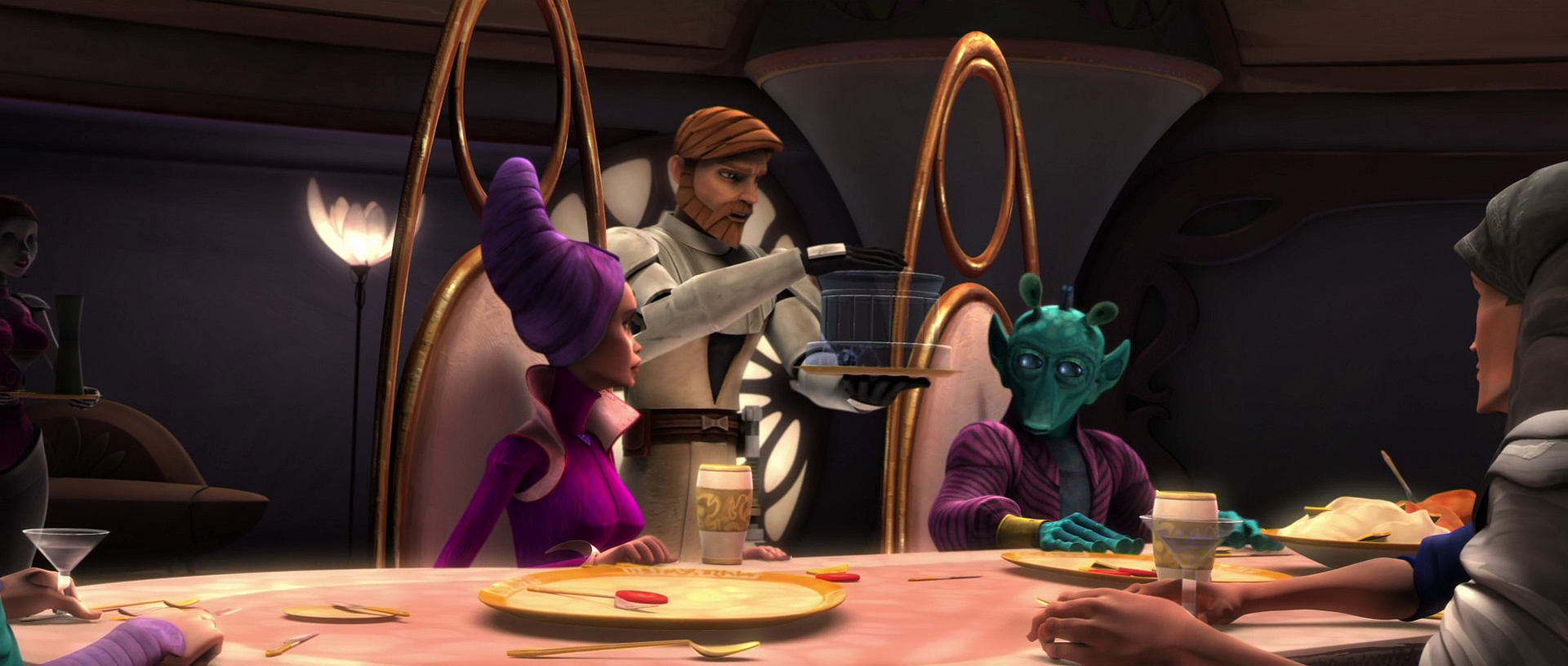 General Kenobi uses a small probe droid to clear Senators Farr and Robb of attempting to assassinate Duchess Satine.