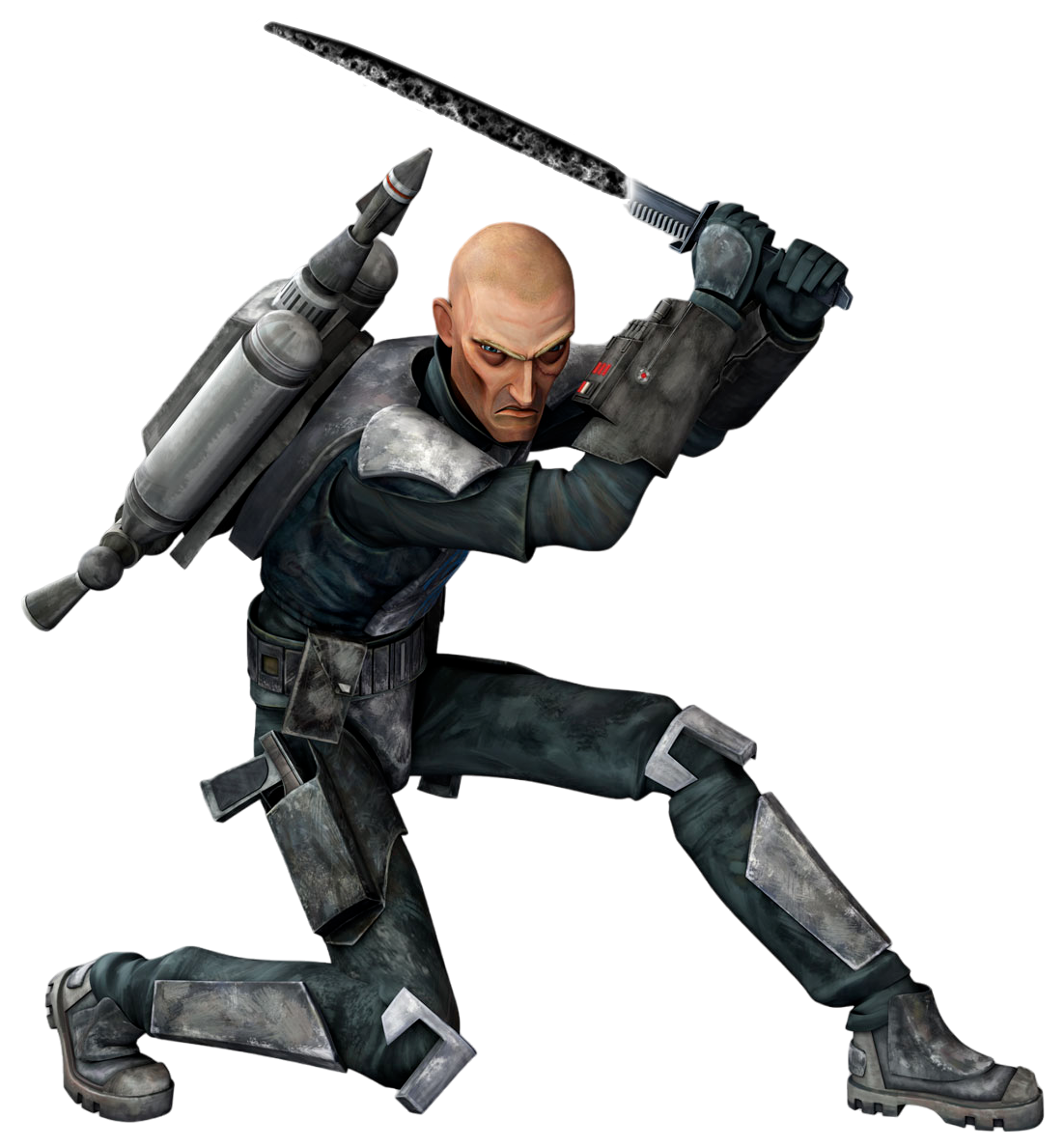 Heavily armed and armored, Vizsla utilized various weapons and gadgets in battle, including the fabled Darksaber.