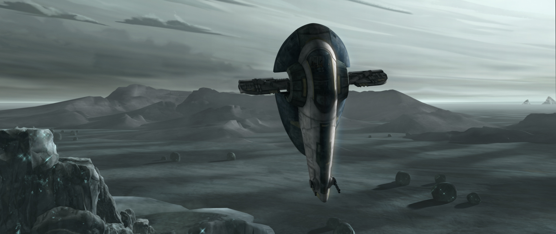 Slave I pursues R2-D2, who pilots Windu's starfighter.