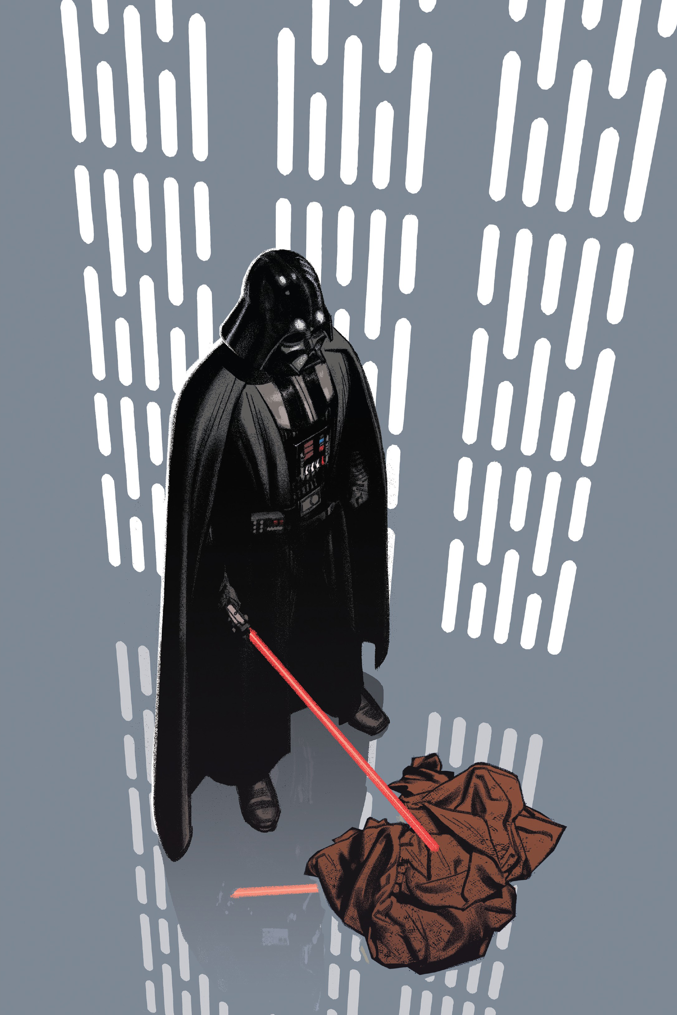 Vader stands over the empty cloak of his former master.