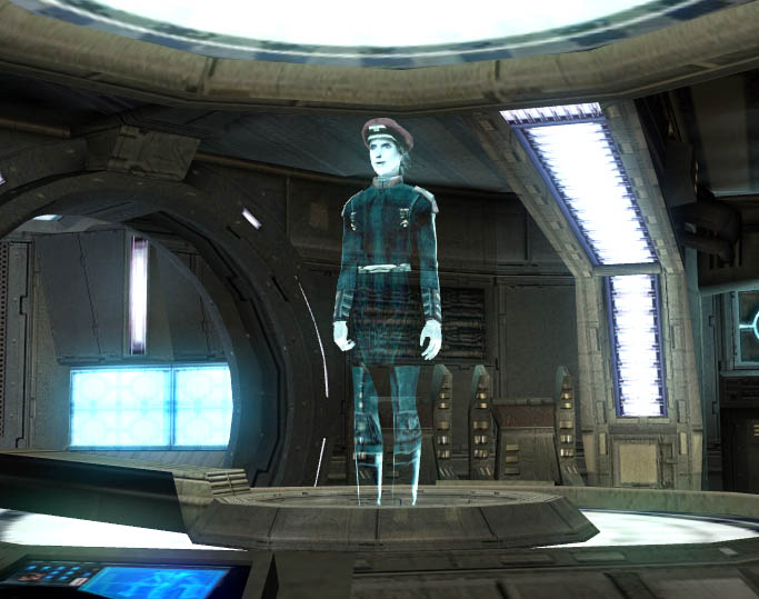 Admiral Dodonna as a hologram, communicating with the Ebon Hawk.