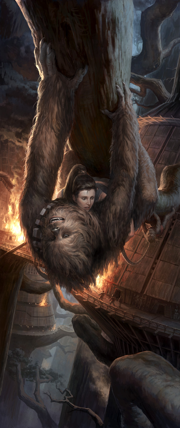 Chewbacca saves Leia.