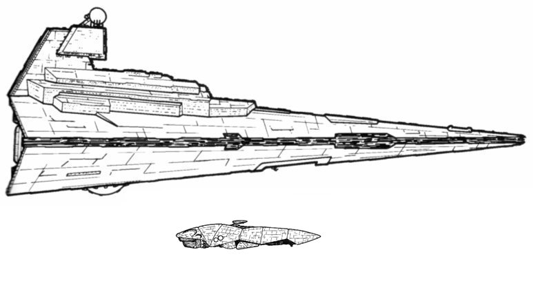 Strike-class cruiser shown to scale with an Imperial-class Star Destroyer (1,600 m)