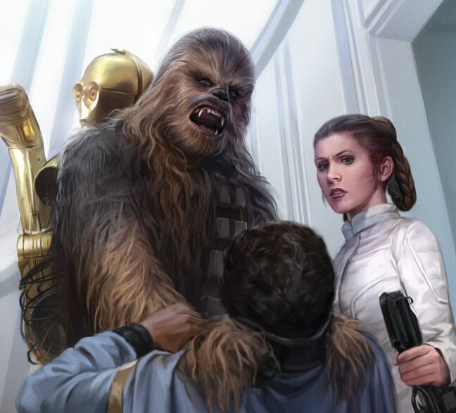 Chewbacca chokes Lando Calrissian for betraying the group.