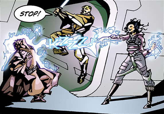 Celz uses Force lightning against Anakin Skywalker.