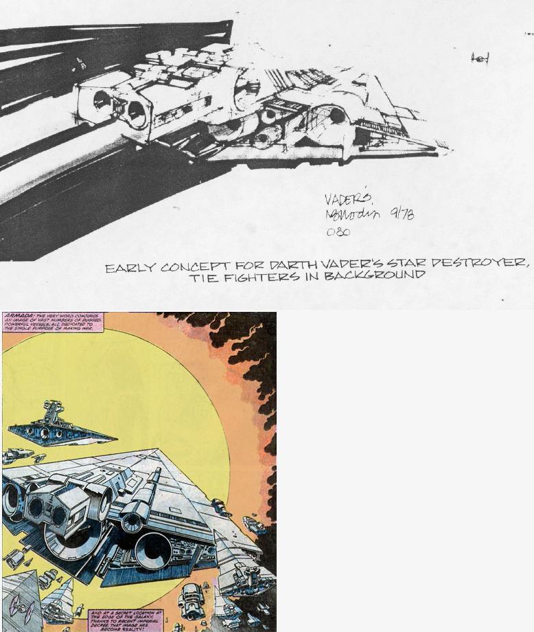 A concept art of Vader's flagship from The Empire Strikes Back Sketchbook and a similar image of the Helmsman in Star Wars (1977) 60.