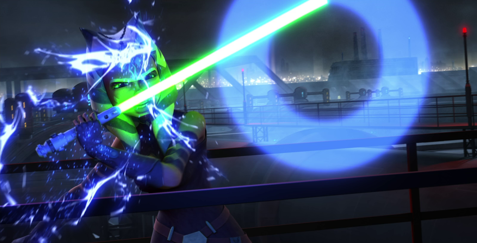 Ahsoka Tano dissipates stun beams with her lightsaber