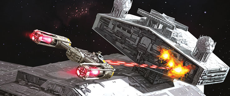 A Gold Squadron veteran pilot firing on a Star Destroyer bridge tower.