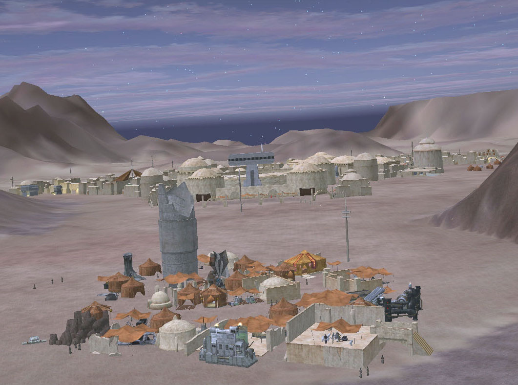 The Tusken junk town with Mos Eisley in the background