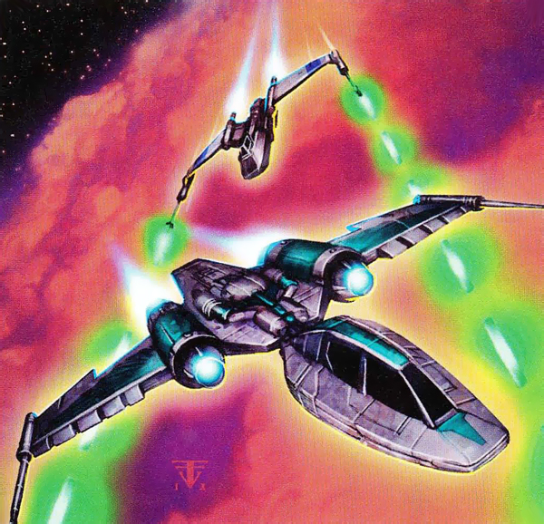 A Preybird starfighter attacking a Drexl-class starfighter