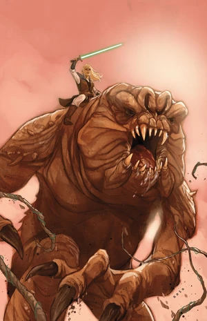 Avar Kriss rides atop a rancor during the alliance with the Hutt Clan