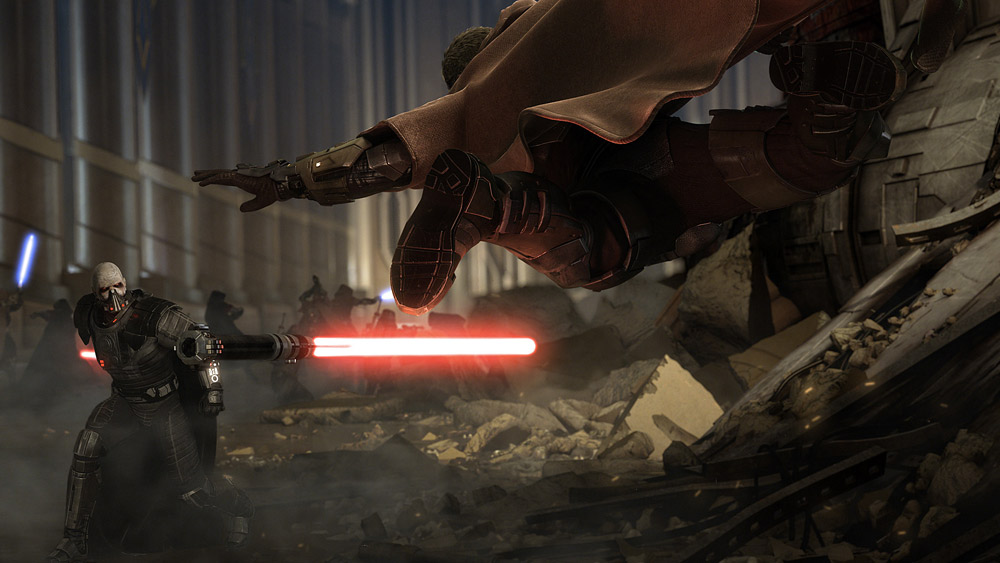 Darth Malgus throws his lightsaber at Ven Zallow during the Sacking of Coruscant.