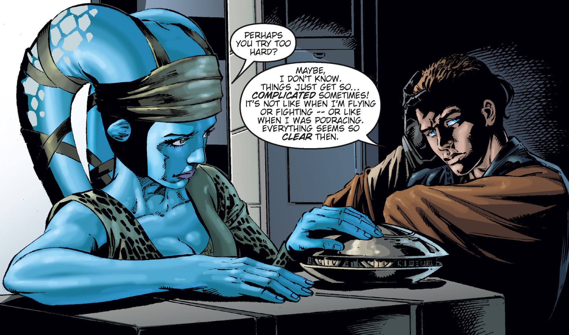 Aayla Secura talks to Anakin prior to the Battle of Kamino.