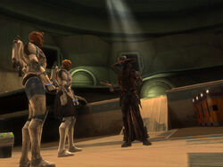 Cad Bane explains his demands to his hostages, Rex and Boomer.