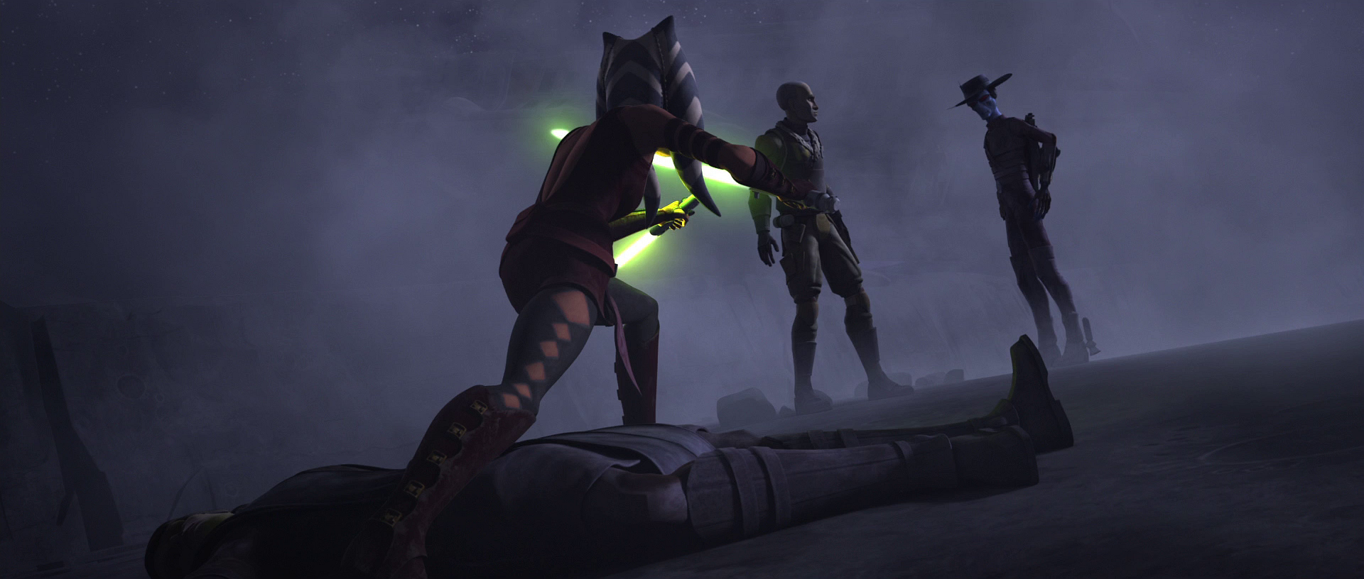 Tano defends Skywalker's unconscious form from Cad Bane.