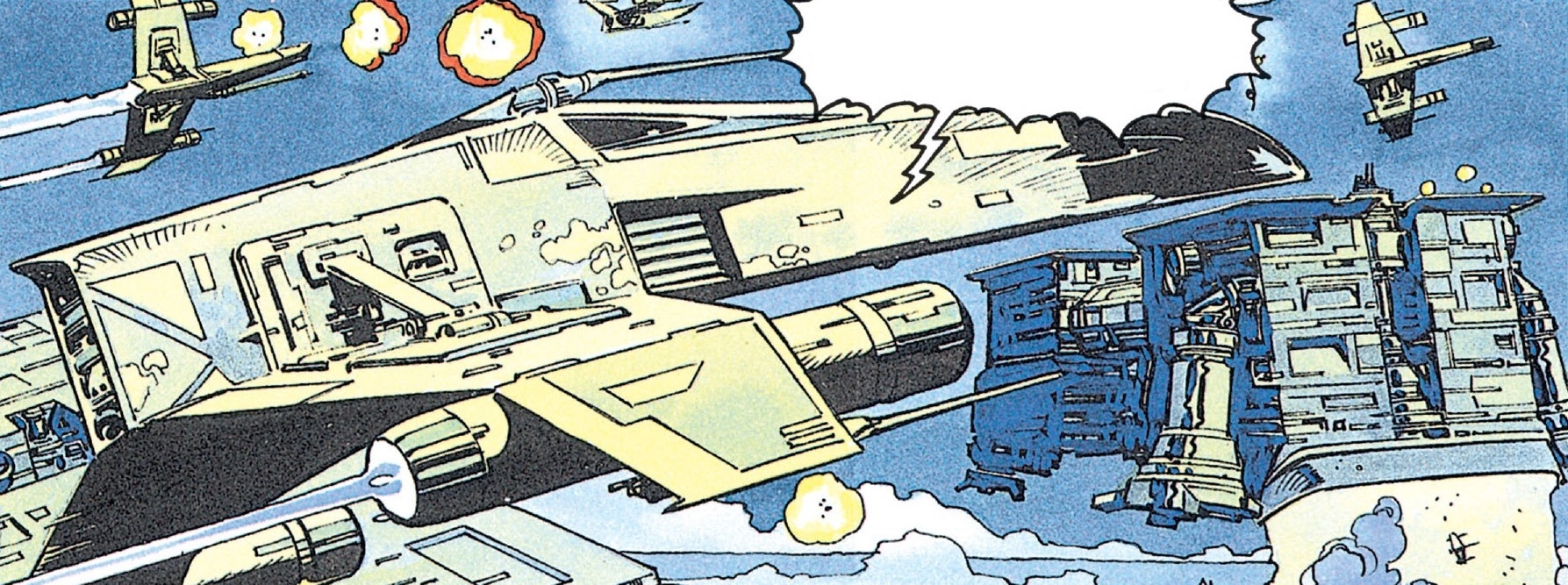 E-wings in action on Dac in 10 ABY as depicted in Star Wars: Dark Empire. Note smooth transition between hull and nose cone, oversized dorsal cannon, and oblong depressions similar to the X-wing's torpedo launch tubes.