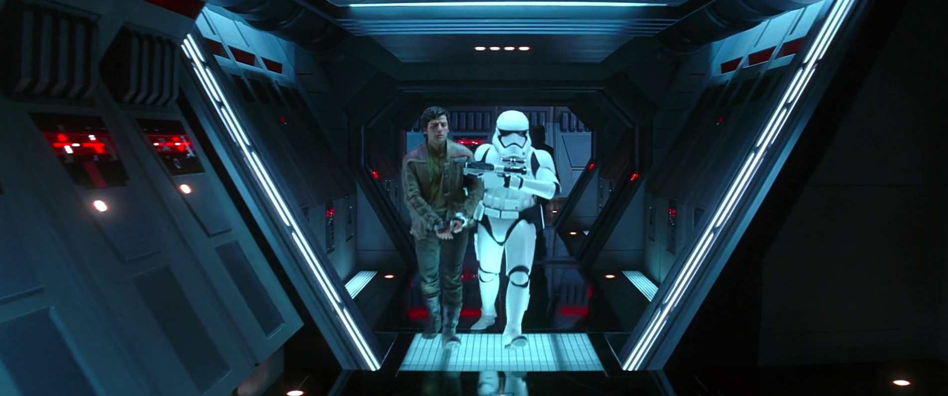 FN-2187 and Poe Dameron walk through the halls of the Finalizer to escape.