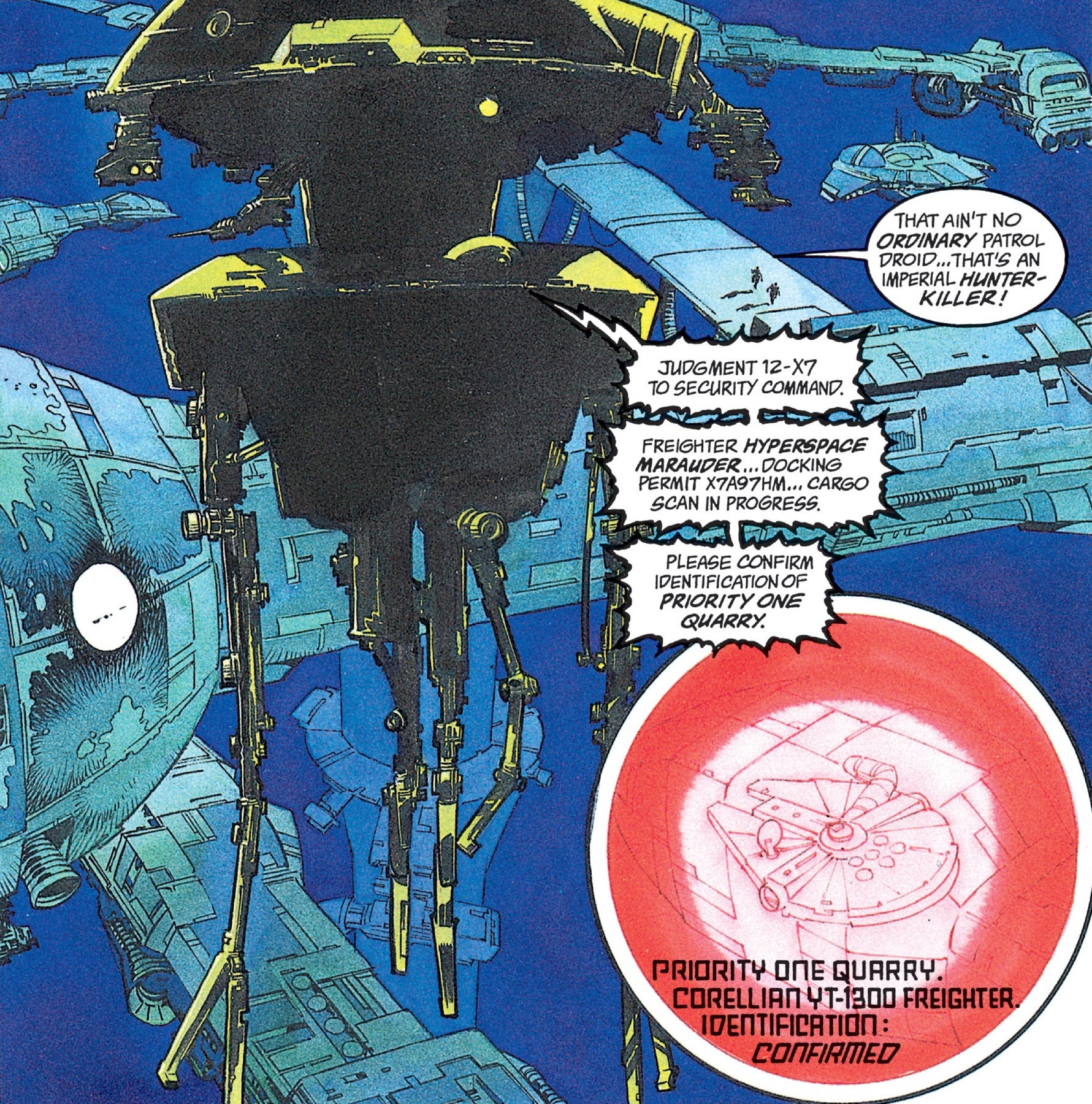 The Hunter-Killer probot Judgement 12-X7 locates the Millennium Falcon inside the Hyperspace Marauder's cargo hold.