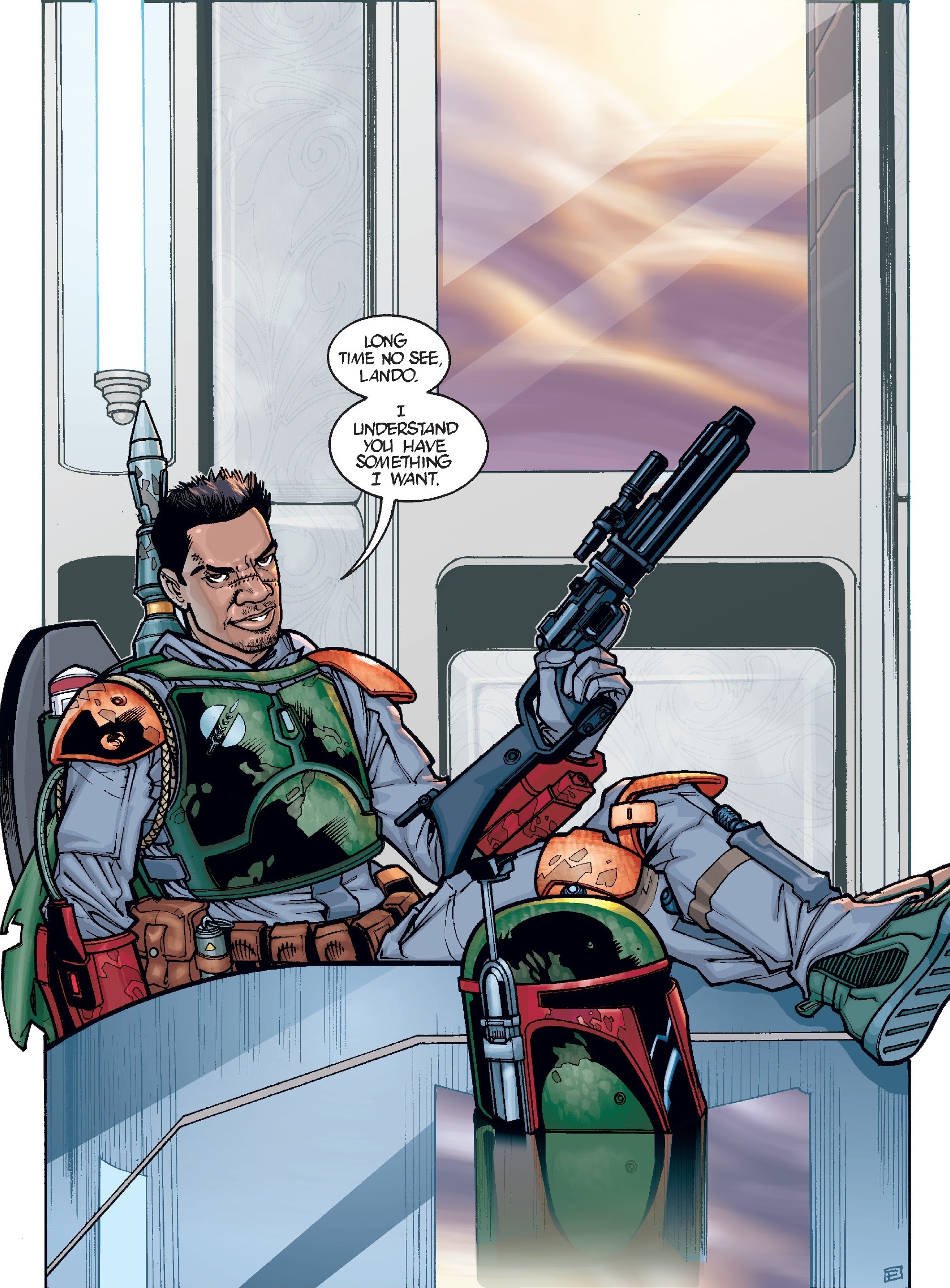 A non-canon version of Boba Fett unmasked in Star Wars Infinities: The Empire Strikes Back.