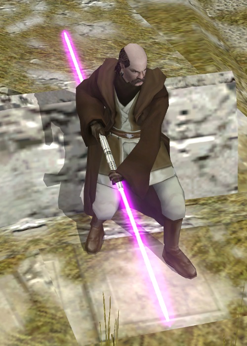 Zez-Kai Ell with his violet double-bladed lightsaber.