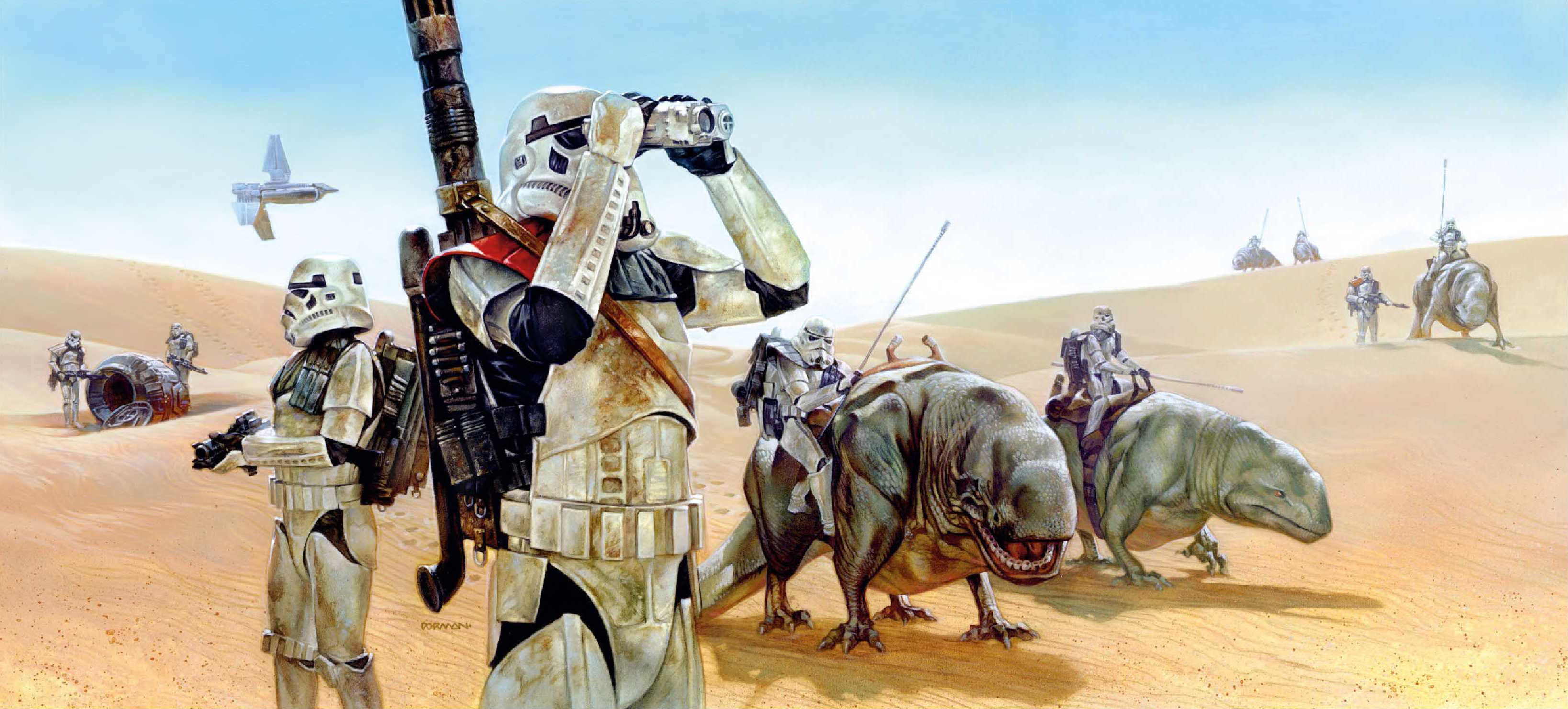 Members of Zeta Squadron search the desert for R2-D2 and C-3PO.