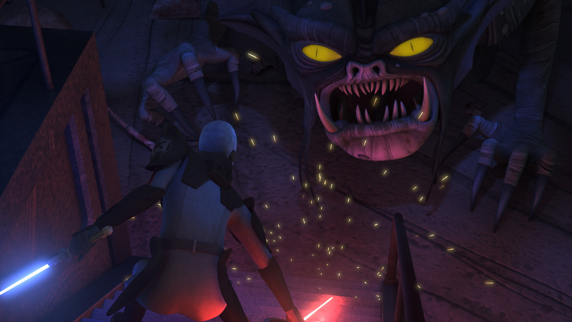 The Grand Inquisitor faces off with a giant fyrnock summoned by Ezra Bridger.