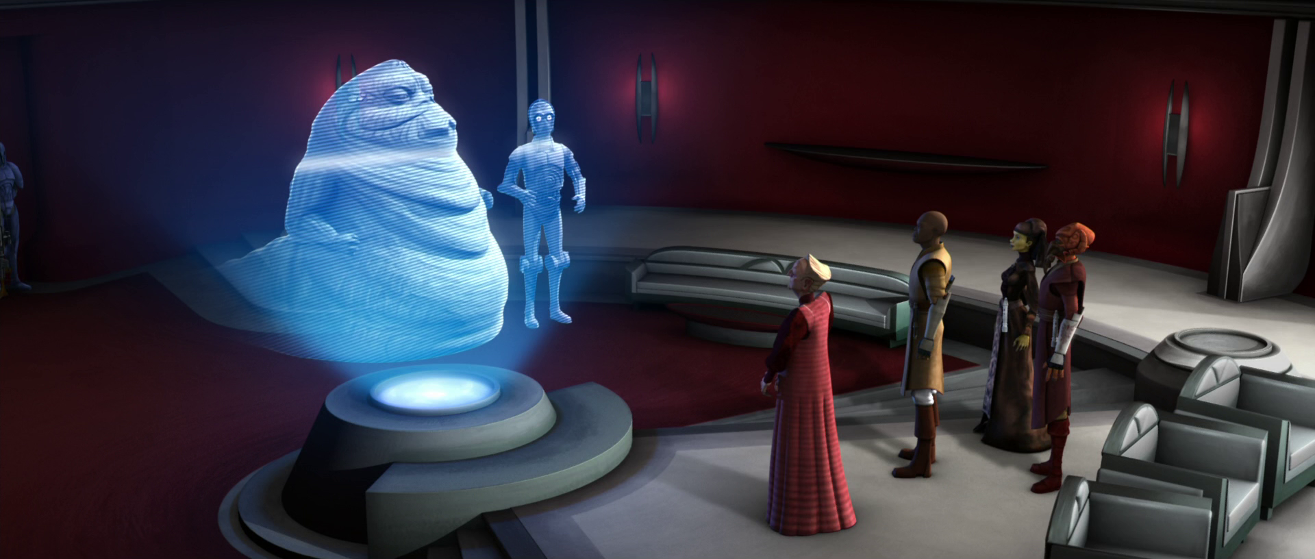 During the Clone Wars, Chancellor Palpatine received a request for aid from the Hutt crime lord Jabba Desilijic Tiure.