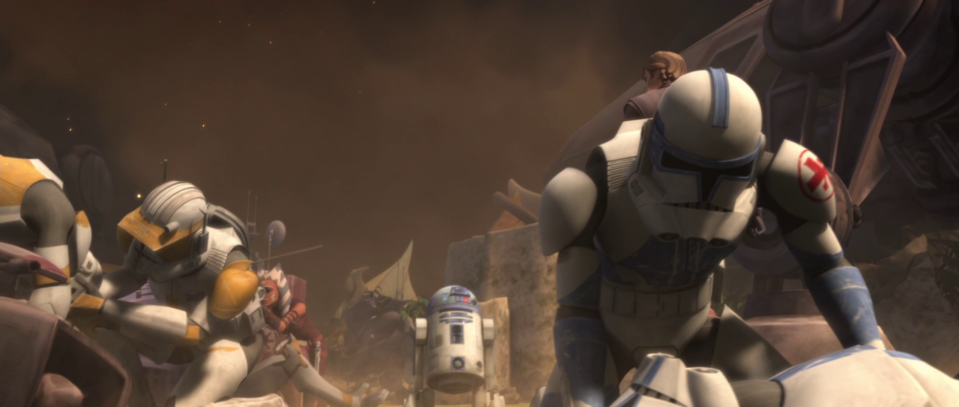 Kix treats a wounded clone trooper on Kiros.