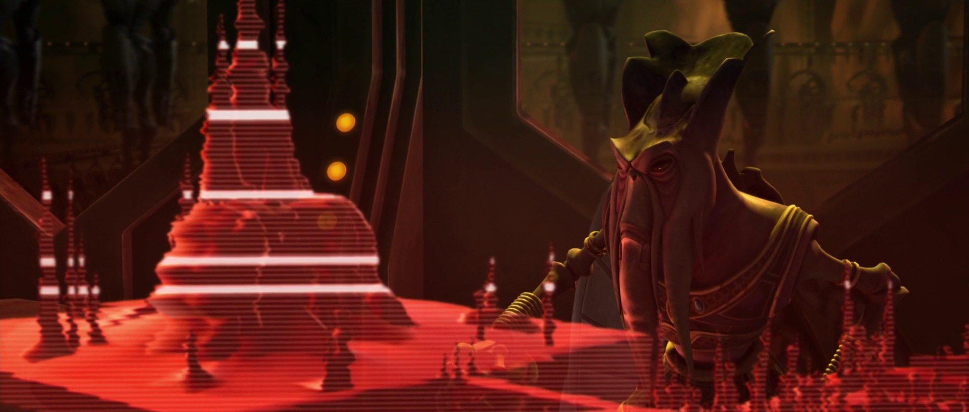 Archduke Poggle the Lesser conspires in the main droid foundry on Geonosis.