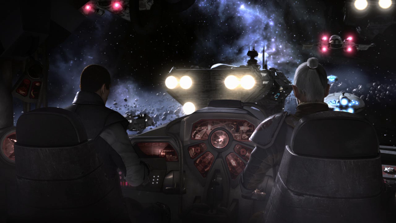 Starkiller and Rahm Kota approach the Salvation on board the Rogue Shadow.