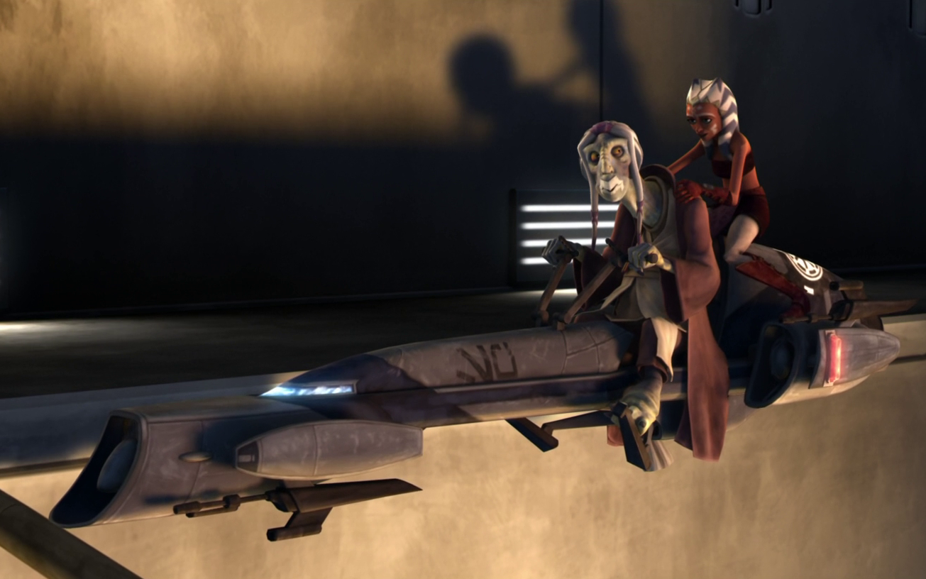 Ahsoka and Tera Sinube pursue the criminals.