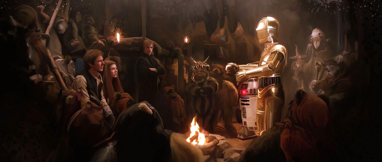 C-3PO tells the Ewoks about the struggle of the Rebellion against the Empire