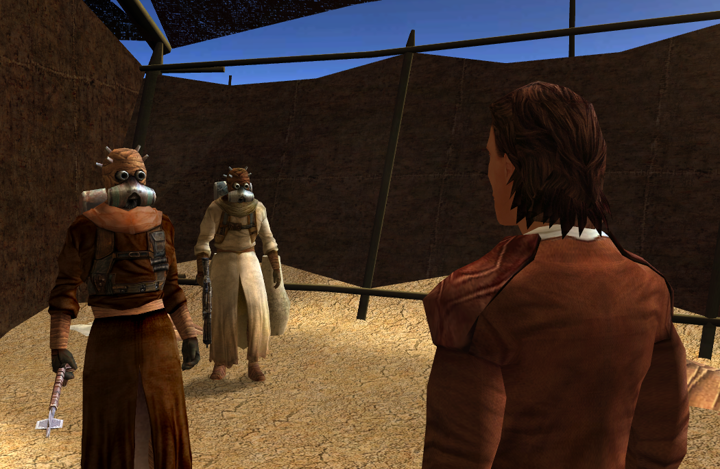 Revan speaks with the Sand People Chieftain.